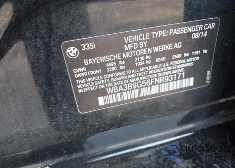 2015 BMW 335I xDrive z USA, uszkodzony, nr VIN WBA3B9G56FNR93171